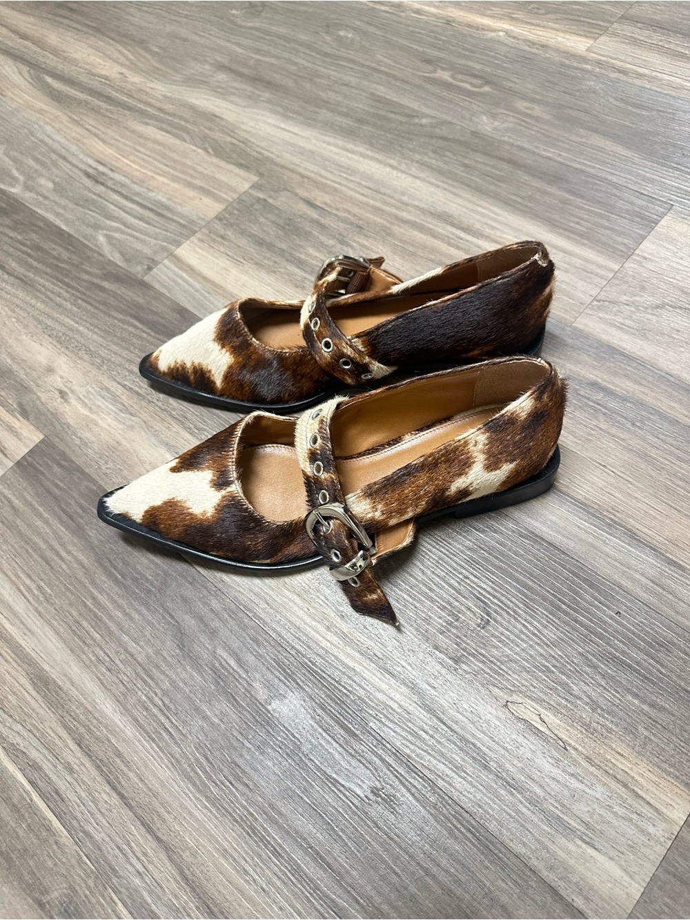 Maeve Anthropologie Cow Hide Pointed Moto Toe Mary Jane Flats - Picture 2 of 6